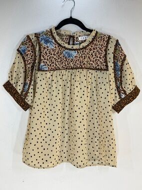 THML Mixed Print Polka Dot Leopard Floral Babydoll Ruffle Neck Blouse
